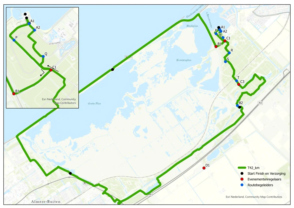 42 km Routekaart voor Hele Marathon Een overzichtskaart van een 42 km hele marathonroute met gemarkeerde start/finishlocatie, verzorgings-/EHBO-punten en evenementorganisatoren. De groene route bevat controlepunten P, Q, R, S, T, U, B1, B2, C1, C2, C3, D1 en D2, met inzoomelementen voor specifieke segmenten.