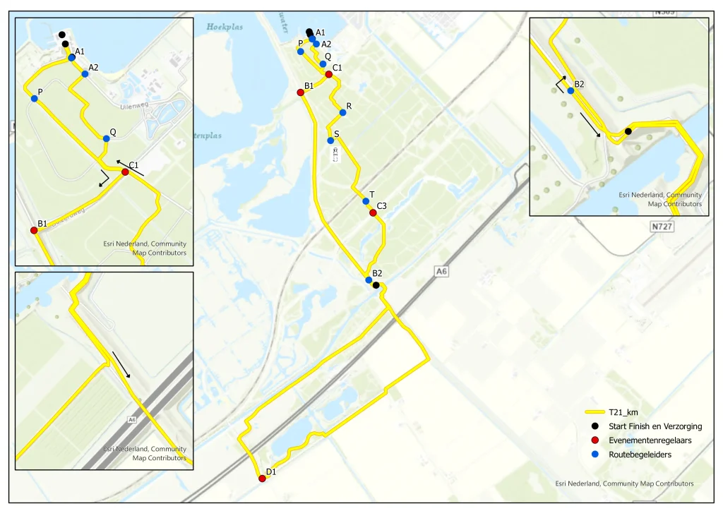 21 km Routekaart voor SlooOW halve Marathon Een overzichtskaart van een 21 km halve marathonroute met gemarkeerde start/finishlocatie, verzorgings-/EHBO-punten en evenementorganisatoren. De gele route bevat controlepunten P, Q, R, S, T, B1, B2, C1, C3 en D1 met inzoomelementen voor gedetailleerde segmenten.